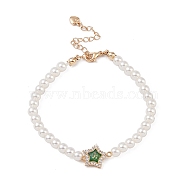 Brass Pave Clear Cubic Zirconia Star Link Chain Bracelets, Round Imitation Pearl Beaded Bracelets for Women, Green, 7-1/8 inch(18.2cm)(BJEW-M321-01B)