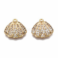 Brass Micro Pave Clear Cubic Zirconia Charms, Nickel Free, Shell/Scallop Shape, Real 18K Gold Plated, 12.5x13x3.5mm, Hole: 1mm(KK-T056-81G-NF)
