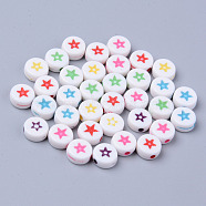 Opaque White Acrylic Beads, Flat Round with Mixed Color Star, 7x3.5mm, Hole: 1.5mm(X-MACR-S273-43)