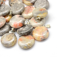 Flat Round Dyed Natural Crazy Agate Pendants, with Platinum Tone Brass Findings, 22~25x19~21x5~7mm, Hole: 2x7mm(G-Q370-18)