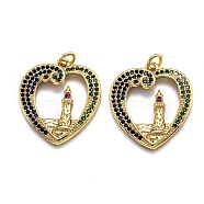 Brass Micro Pave Cubic Zirconia Pendants, Long-Lasting Plated, Heart & Tower, Golden, 22x20x3mm, Hole: 3mm(ZIRC-O039-22G)
