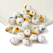 Handmade Porcelain Beads, Round with Sunflower Pattern, Yellow, 12mm, Hole: 2mm(PORC-YW0001-07D)