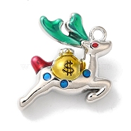 Christmas Deer with Money Bag Rack Plating Alloy Enamel Pendants, Cadmium Free & Nickel Free & Lead Free, Platinum, 17x18x8mm, Hole: 1.6mm(FIND-I039-024B-P)