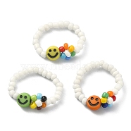 Glass Seed Beaded Stretch Ring, Smiling Face & Flower Finger Ring for Women, Mixed Color, US Size 8 1/2(18.5mm)(RJEW-TA00079-02)