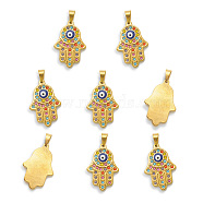 Vacuum Plating 201 Stainless Steel Pendants, with Rhinestone and Enamel, Hamsa Hand with Eye, Golden, 38x25.5x4mm, Hole: 5x9mm(STAS-Q243-LM168)