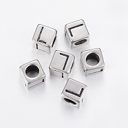 304 Stainless Steel Large Hole Letter European Beads, Cube with Letter.L, Antique Silver, 8x8x8mm, Hole: 5mm(STAS-H428-01AS-L)