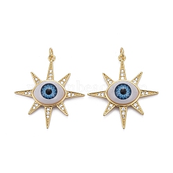 Brass Micro Pave Cubic Zirconia Pendants, with Acrylic and Jump Ring, Long-Lasting Plated, Star with Eye, Real 18K Gold Plated, Blue, 32x30x6.5mm(ZIRC-Z011-32B)