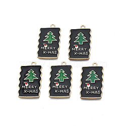 Rack Plating Alloy Enamel Pendants, Cadmium Free & Nickel Free & Lead Free, Light Gold, Rectangle with Christmas Tree & Word Merry XMas, Black, 24x14.5x1.5mm, Hole: 1.4mm(ENAM-N055-141)