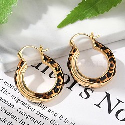 Brass Enamel Hoop Earrings, Ring with Leopard Pattern, Real 18K Gold Plated, 26x21.5mm(EJEW-P301-05G)