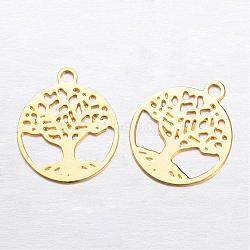 Brass Charms, Flat Round with Tree of Life, Golden, 11.5x10x0.3mm, Hole: 1mm(KK-P049-07G)