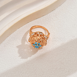 Luxury Vintage Hollow Flower Brass Cubic Zirconia Adjustable Rings for Women, Golden, Blue, Inner Diameter: 16~18mm(JN0638-2)