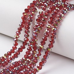 Electroplate Transparent Glass Beads Strands, Half Green Plated, Faceted, Rondelle, Dark Red, 6x5mm, Hole: 1mm, about 83~85pcs/strand, 38~39cm(EGLA-A034-T6mm-S03)