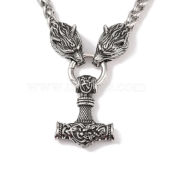 304 Stainless Steel Wolf Head King Wheat Chain Viking Mjolnir Thor Hammer Pendant Necklaces for Men, Antique Silver, 23.39 inch(59.4cm)(NJEW-K278-12AS)