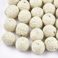 Handmade Woven Beads, Paper Imitation Raffia Covered with Wood, Round, Antique White, 21~23x20~22mm(X-WOVE-T006-148A)