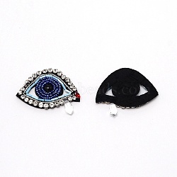 Left Eye Glass Seed Beaded Patches, with Glass Rhinestone, Iron/Sew on Appliques, Costume Accessories, for Clothes, Bag Pants, Shoes, Cellphone Case, Blue, 46x61x6~8mm(DIY-WH0301-07A)