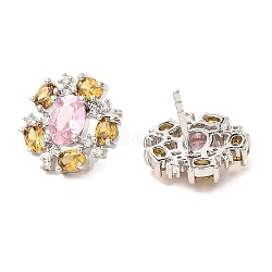 Flower Brass Micro Pave Cubic Zirconia Stud Earrings, Long-Lasting Plated, Lead Free & Cadmium Free, Platinum, 14mm(EJEW-L270-13P)