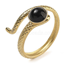 Natural Dyed & Heated Black Agate Finger Rings, Snake 304 Stainless Steel Open Cuff Rings, Real 18K Gold Plated, Inner Diameter: 17mm(RJEW-U027-04G-08)