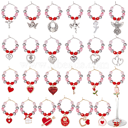 Valentine's Day Theme Alloy Enamel & 304 Stainless Steel & Plastic Wine Glass Charms, with Brass Hoop Earring Findings and Acrylic Bead, Mixed Shapes, Mixed Color, 46~60mm, 24 style, 1pc/style, 24pcs/set(AJEW-AB00080)