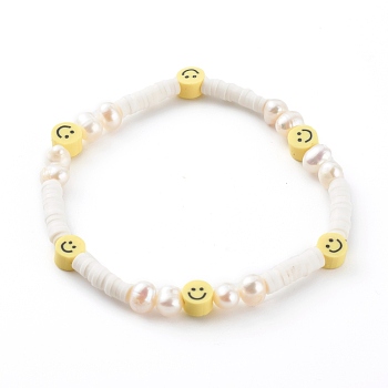 Handmade Polymer Clay Heishi Beaded Stretch Bracelets, with Natural Pearl Beads, Smiling Face, White, Inner Diameter: 2-1/8 inch(5.5cm)