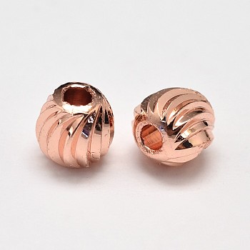 Rack Plating and Vacuum Plating Brass Corrugated Round Spacer Beads, Rose Gold, 5mm, Hole: 2mm