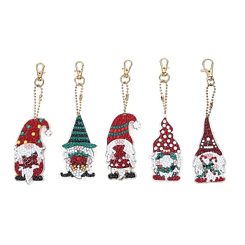 Christmas Theme DIY Diamond Painting Keychain Kit, Including Acrylic Board, Keychain Clasp, Bead Chain, Resin Rhinestones Bag, Diamond Sticky Pen, Tray Plate and Glue Clay, Gnome, 150x80mm, 5pcs/set