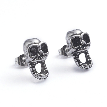 Retro 304 Stainless Steel Stud Earrings, with Ear Nuts, Skull, Antique Silver, 15x8mm, Pin: 0.6mm