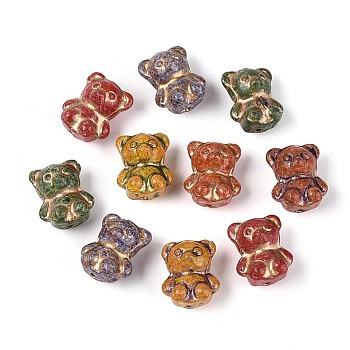 Picasso Baking Paint and Golden Metal Enlaced Glass Beads, Bear, Mixed Color, 14x12x9.5mm, Hole: 1~1.2mm
