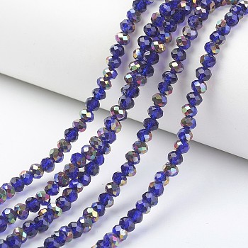 Electroplate Transparent Glass Beads Strands, Half Rose Gold Plated, Faceted, Rondelle, Medium Blue, 4x3mm, Hole: 0.4mm, about 123~127pcs/strand, 16.5~16.9 inch(42~43cm)
