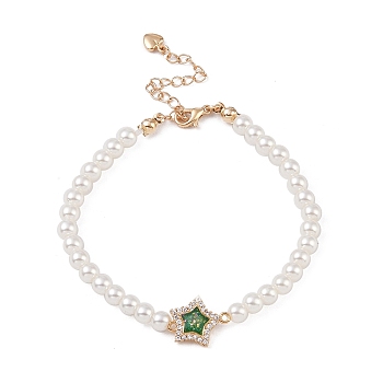 Brass Pave Clear Cubic Zirconia Star Link Chain Bracelets, Round Imitation Pearl Beaded Bracelets for Women, Green, 7-1/8 inch(18.2cm)