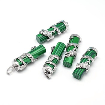 Column with Dragon Platinum Plated Brass Natural Malachite Pendants, Cadmium Free & Lead Free, 40~42x13mm, Hole: 5x8mm