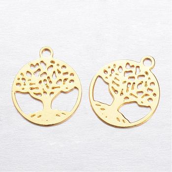 Brass Charms, Flat Round with Tree of Life, Golden, 11.5x10x0.3mm, Hole: 1mm