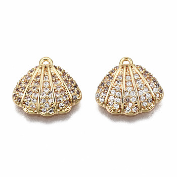 Brass Micro Pave Clear Cubic Zirconia Charms, Nickel Free, Shell/Scallop Shape, Real 18K Gold Plated, 12.5x13x3.5mm, Hole: 1mm