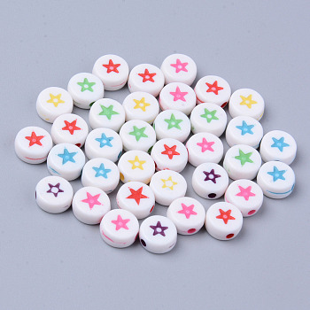 Opaque White Acrylic Beads, Flat Round with Mixed Color Star, 7x3.5mm, Hole: 1.5mm