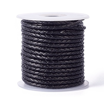 Braided Cowhide Cord, Leather Jewelry Cord, Jewelry DIY Making Material, with Spool, Black, 3.3mm, 10yards/roll
