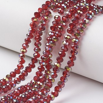 Electroplate Transparent Glass Beads Strands, Half Green Plated, Faceted, Rondelle, Dark Red, 6x5mm, Hole: 1mm, about 92~94pcs/strand, 17~17.5 inch(42.5~43.75cm)