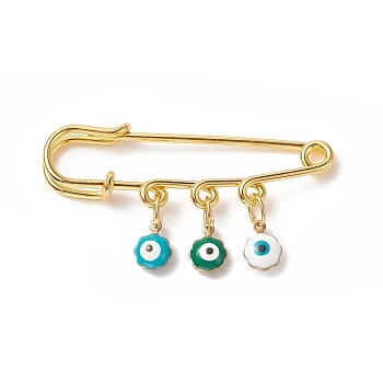 Rack Plating Brass Enamel Evil Eye Charms Safety Pin Brooch, Golden Iron Lapel Pin for Sweater Shawl Clips Waist Pants Extender, Random Color, 25~29x49~50mm