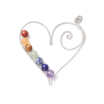 Natural Gemstone Beaded Big Pendants, with Copper Jewelry Wire, Heart, Chakra, 62x55x5.5mm, Hole: 3.4mm