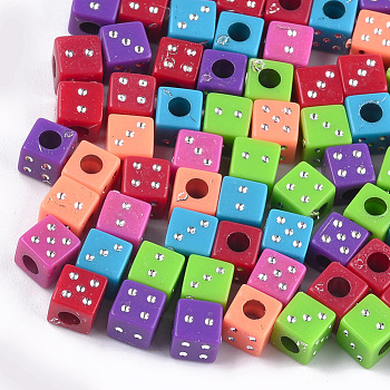 Plating Acrylic Beads, Metal Enlaced, Dice, Mixed Color, 6x6x6mm, Hole: 2.5mm, about 210pcs/50g