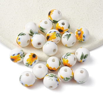 Handmade Porcelain Beads, Round with Sunflower Pattern, Yellow, 12mm, Hole: 2mm
