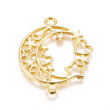 Zinc Alloy Links connectors, Open Back Bezel, For DIY UV Resin, Epoxy Resin, Pressed Flower Jewelry, Moon with Star and Heart, Golden, 34.5x29x1.8mm, Hole: 2.7mm