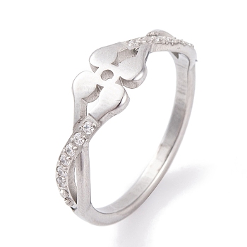 304 Stainless Steel Flower Finger Ring, with Cubic Zirconia, Stainless Steel Color, 6mm, US Size 6~9(16.5~18.9mm)