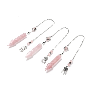 Natural Rose Quartz Pointed Dowsing Pendulums, with Eco-Friendly Brass Findings, Platinum, Cadmium Free & Lead Free, Bullet, 31.35cm