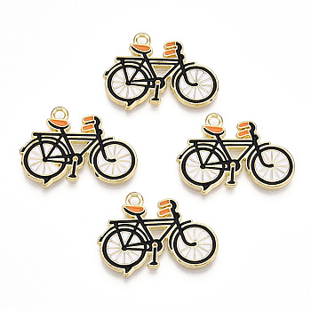 Light Gold Plated Alloy Jewelry Enamel Pendants, Bicycle, Black, 19x25.5x1.5mm, Hole: 1.8mm