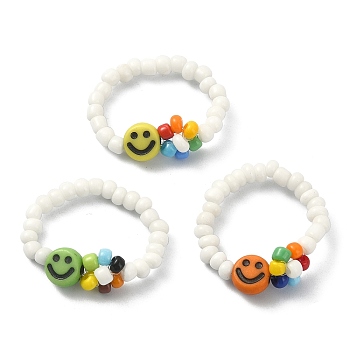 Glass Seed Beaded Stretch Ring, Smiling Face & Flower Finger Ring for Women, Mixed Color, US Size 8 1/2(18.5mm)