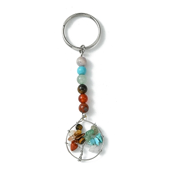 Gemstone Tree of Life Keychain, with 304 Stainless Steel Keychain Clasp, Stainless Steel Color, 9.7cm