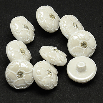 Taiwan Acrylic Rhinestone Shank Buttons, Pearl Luster, 1-Hole, Flat Round, WhiteSmoke, 13x8mm, Hole: 1~3mm