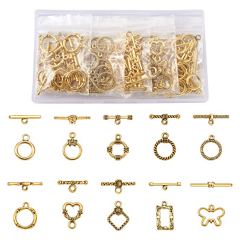 Tibetan Style Toggle Clasps, Mixed Shapes, Antique Golden, 100sets/box
