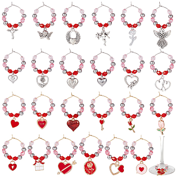 Valentine's Day Theme Alloy Enamel & 304 Stainless Steel & Plastic Wine Glass Charms, with Brass Hoop Earring Findings and Acrylic Bead, Mixed Shapes, Mixed Color, 46~60mm, 24 style, 1pc/style, 24pcs/set