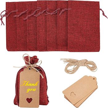 Nbeads 10Pcs Burlap Packing Pouches Drawstring Bags, with Jute Cords and Kraft Paper Gift Tags, Red, 13.5~14x9.5~10cm