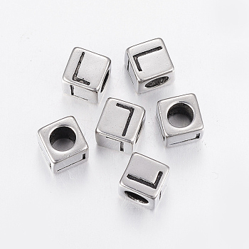 304 Stainless Steel Large Hole Letter European Beads, Cube with Letter.L, Antique Silver, 8x8x8mm, Hole: 5mm